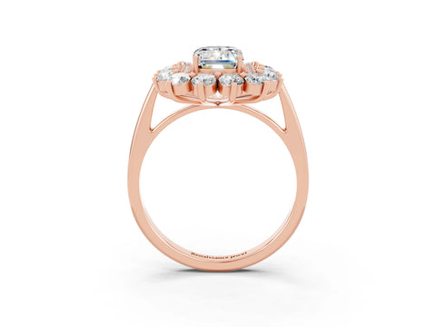 Rose gold Emerald Cut Halo Cluster Diamond Ring with Pave Band and Four-Prong Setting_3
