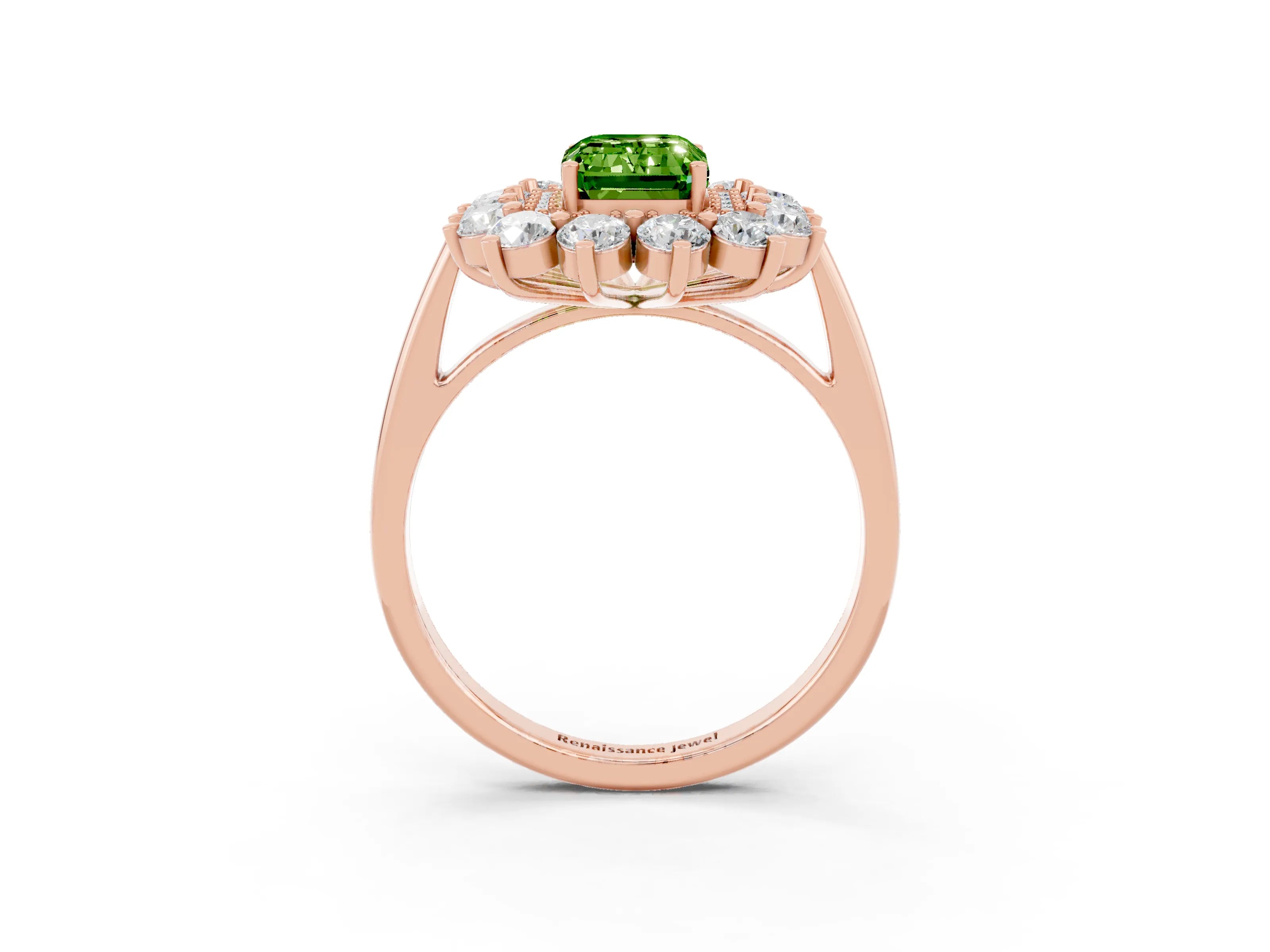Rose gold Emerald Cut Halo Cluster Diamond Ring with Pave Band and Four-Prong Setting_3