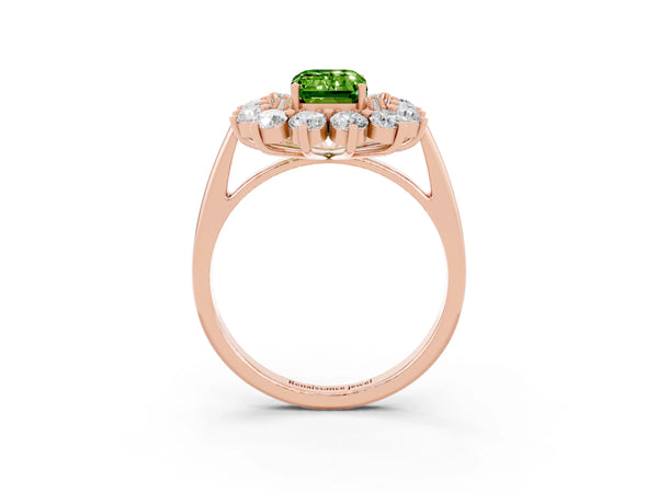 Rose gold Emerald Cut Halo Cluster Diamond Ring with Pave Band and Four-Prong Setting