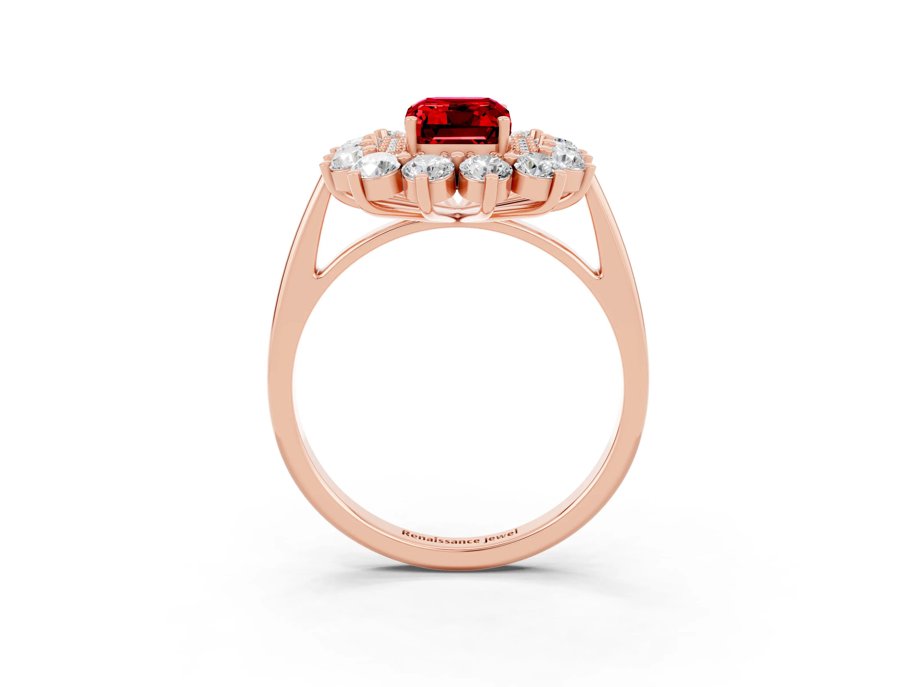 Rose gold Emerald Cut Halo Cluster Diamond Ring with Pave Band and Four-Prong Setting_3