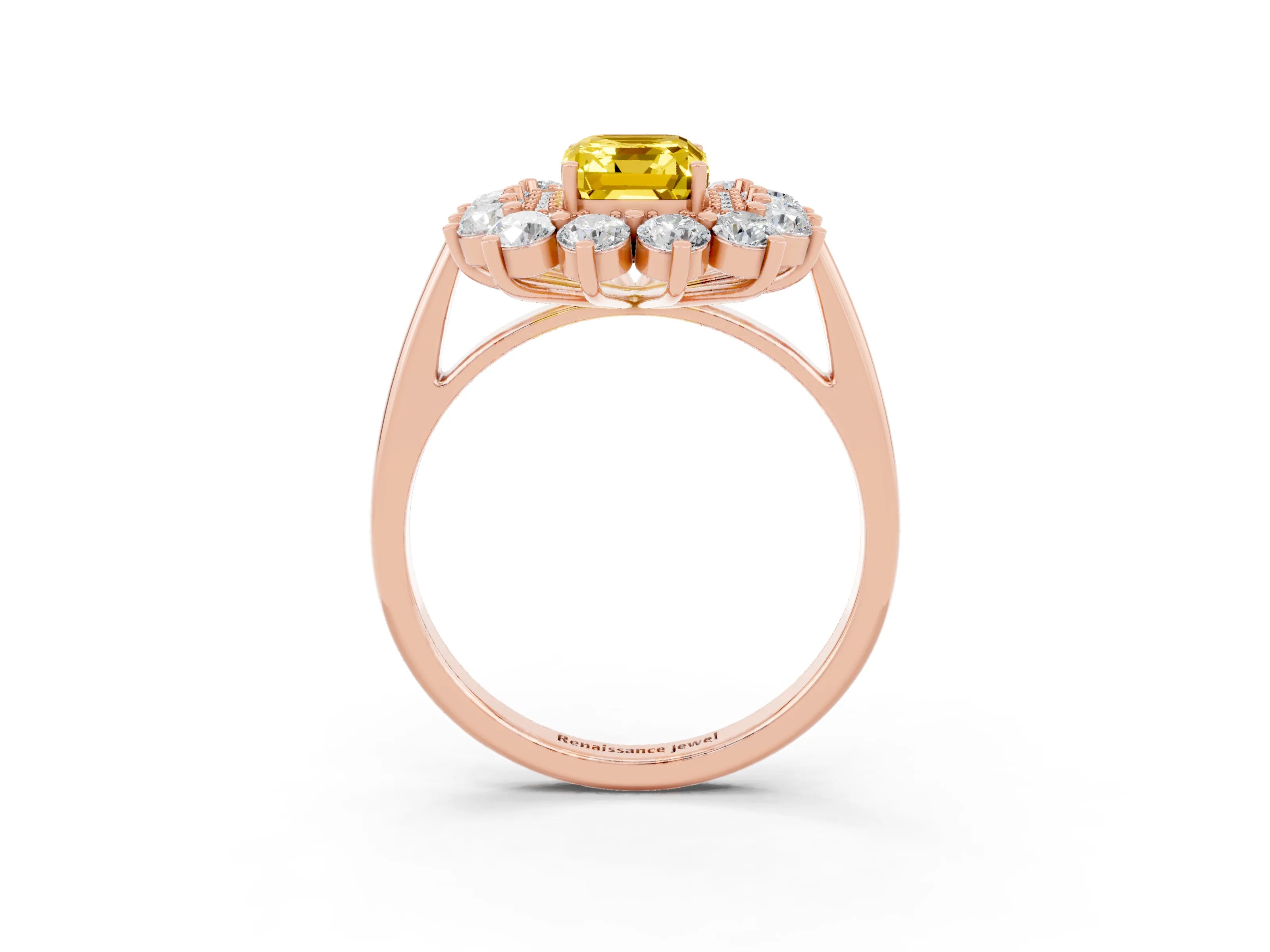 Rose gold Emerald Cut Halo Cluster Diamond Ring with Pave Band and Four-Prong Setting_3
