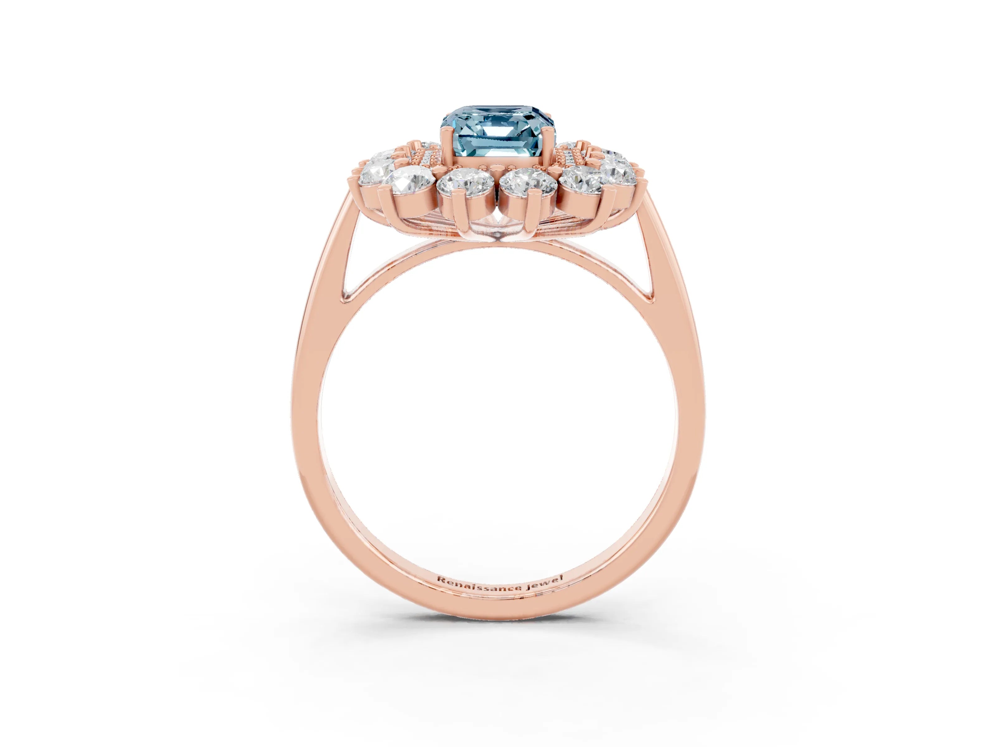 Rose gold Emerald Cut Halo Cluster Diamond Ring with Pave Band and Four-Prong Setting_3