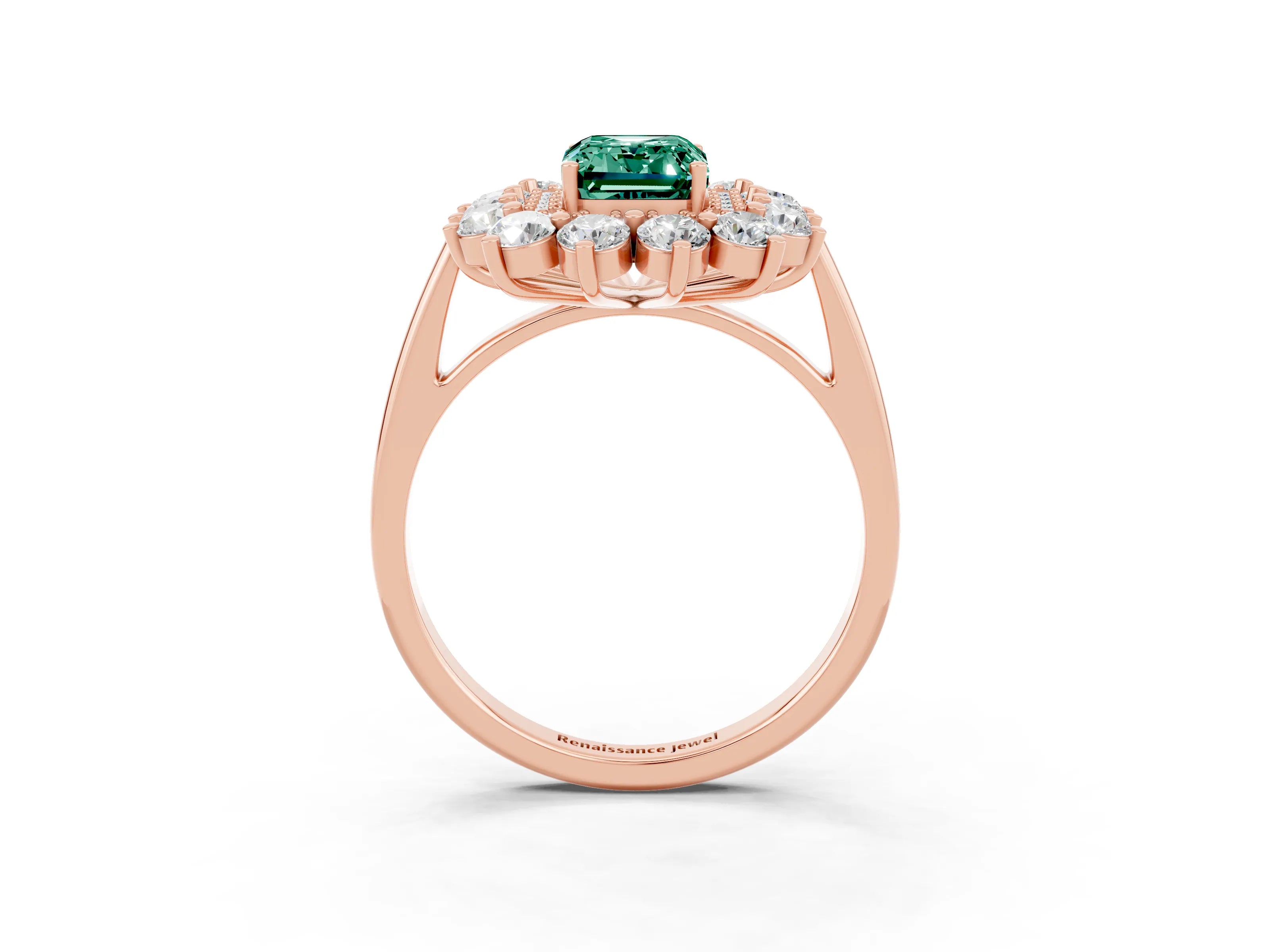Rose gold Emerald Cut Halo Cluster Diamond Ring with Pave Band and Four-Prong Setting_3