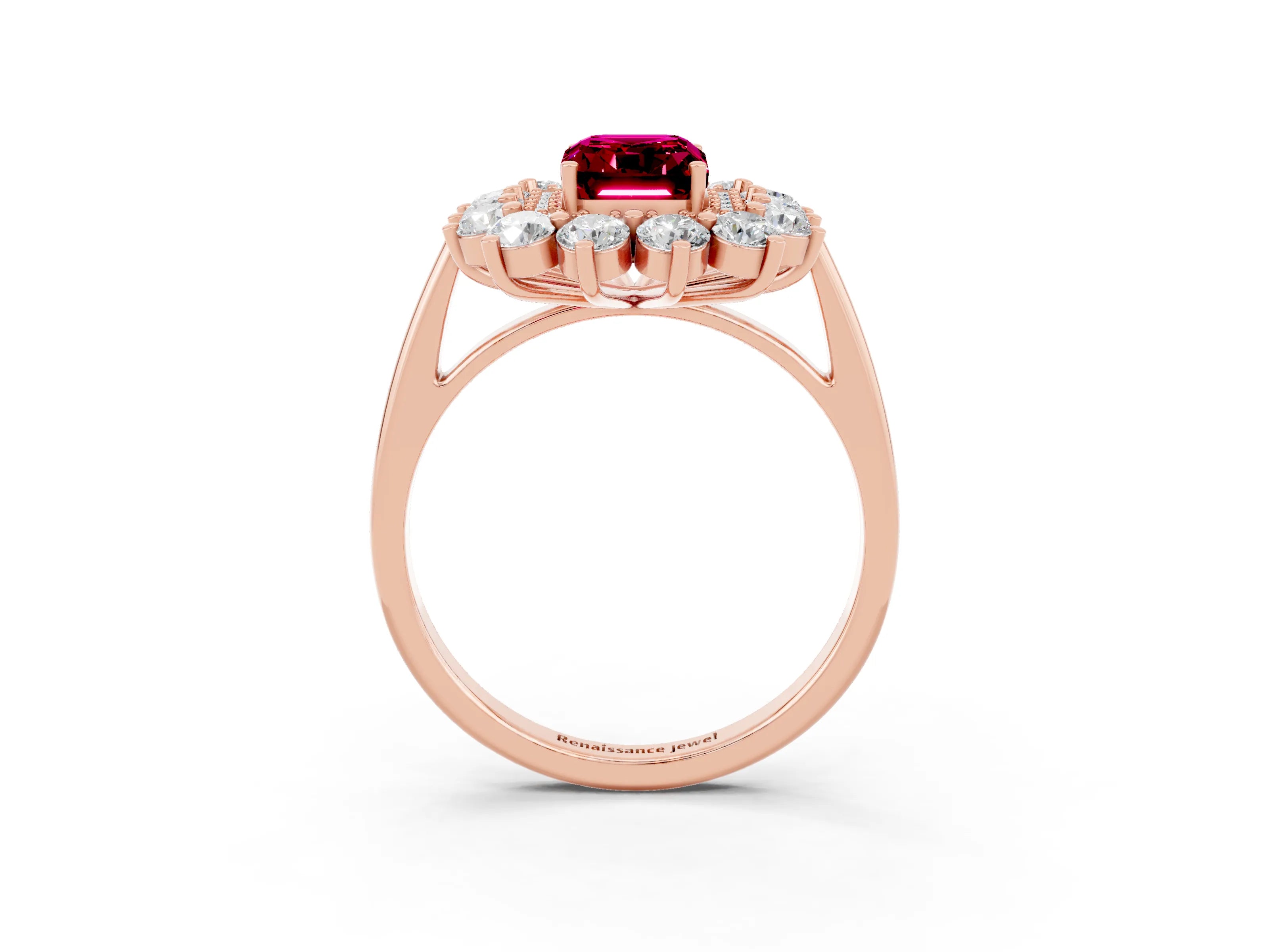 Rose gold Emerald Cut Halo Cluster Diamond Ring with Pave Band and Four-Prong Setting_3