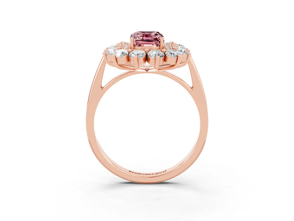 Rose gold Emerald Cut Halo Cluster Diamond Ring with Pave Band and Four-Prong Setting