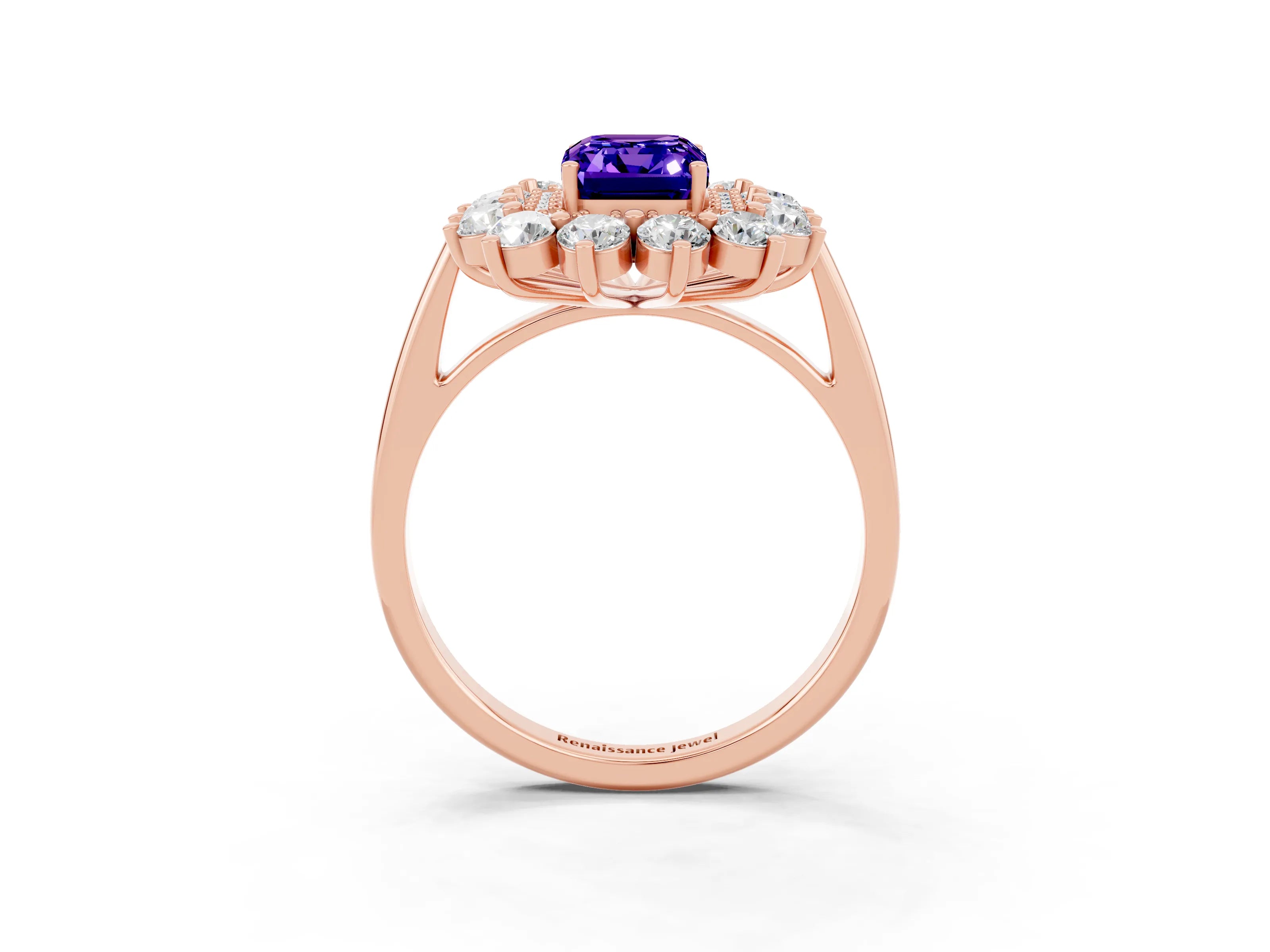 Rose gold Emerald Cut Halo Cluster Diamond Ring with Pave Band and Four-Prong Setting_3