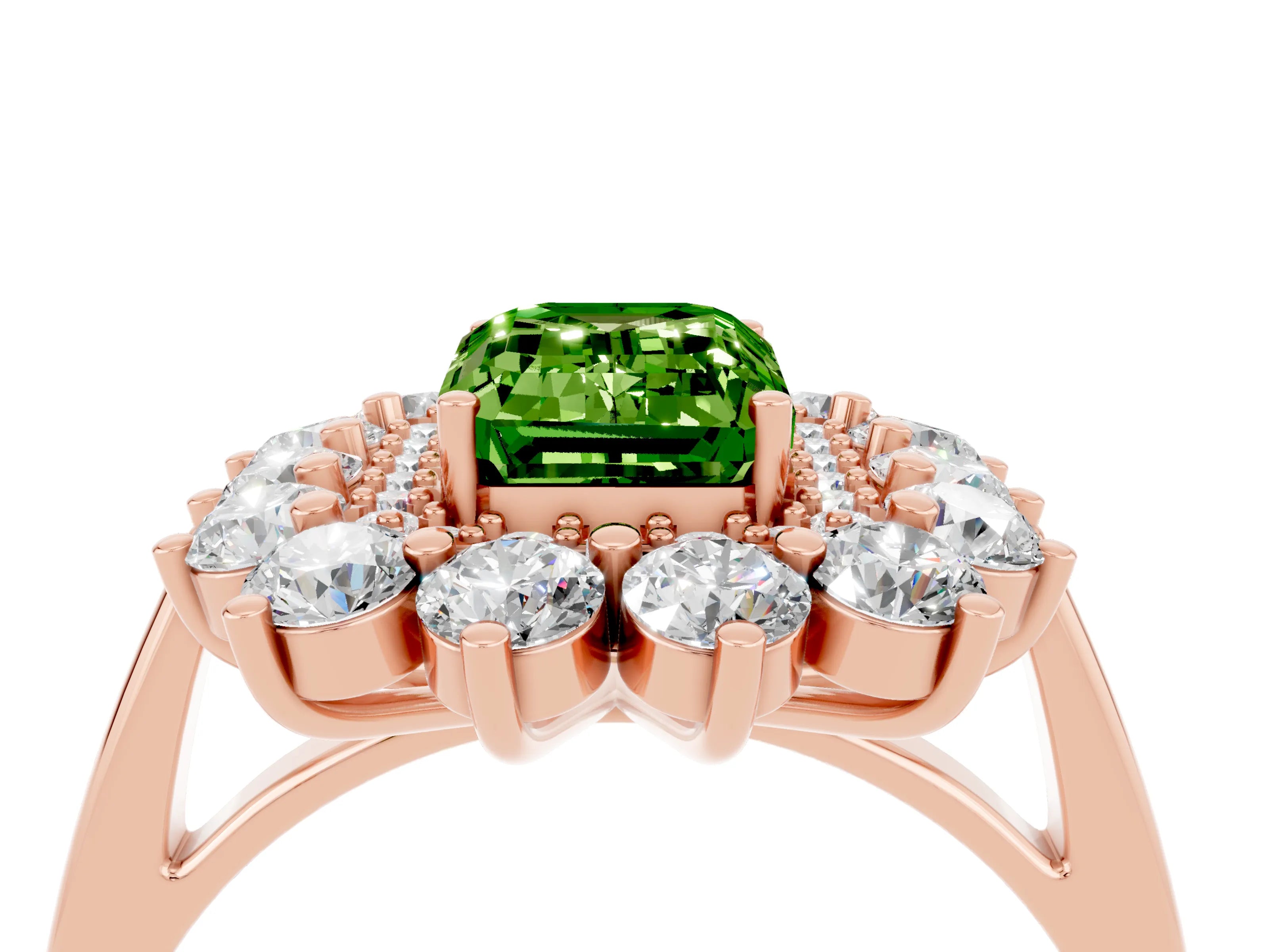 Rose gold Emerald Cut Halo Cluster Diamond Ring with Pave Band and Four-Prong Setting_4
