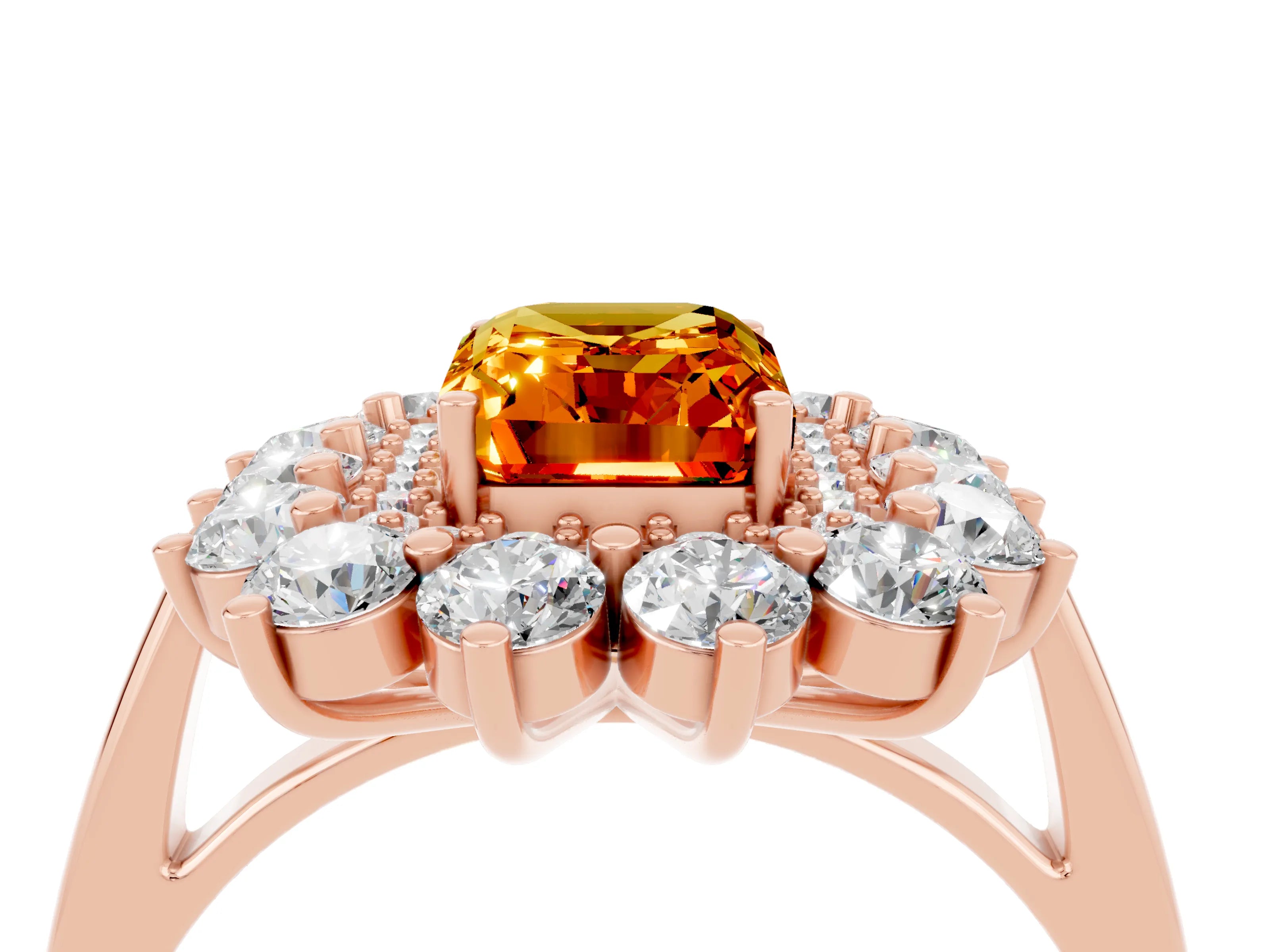 Rose gold Emerald Cut Halo Cluster Diamond Ring with Pave Band and Four-Prong Setting_4