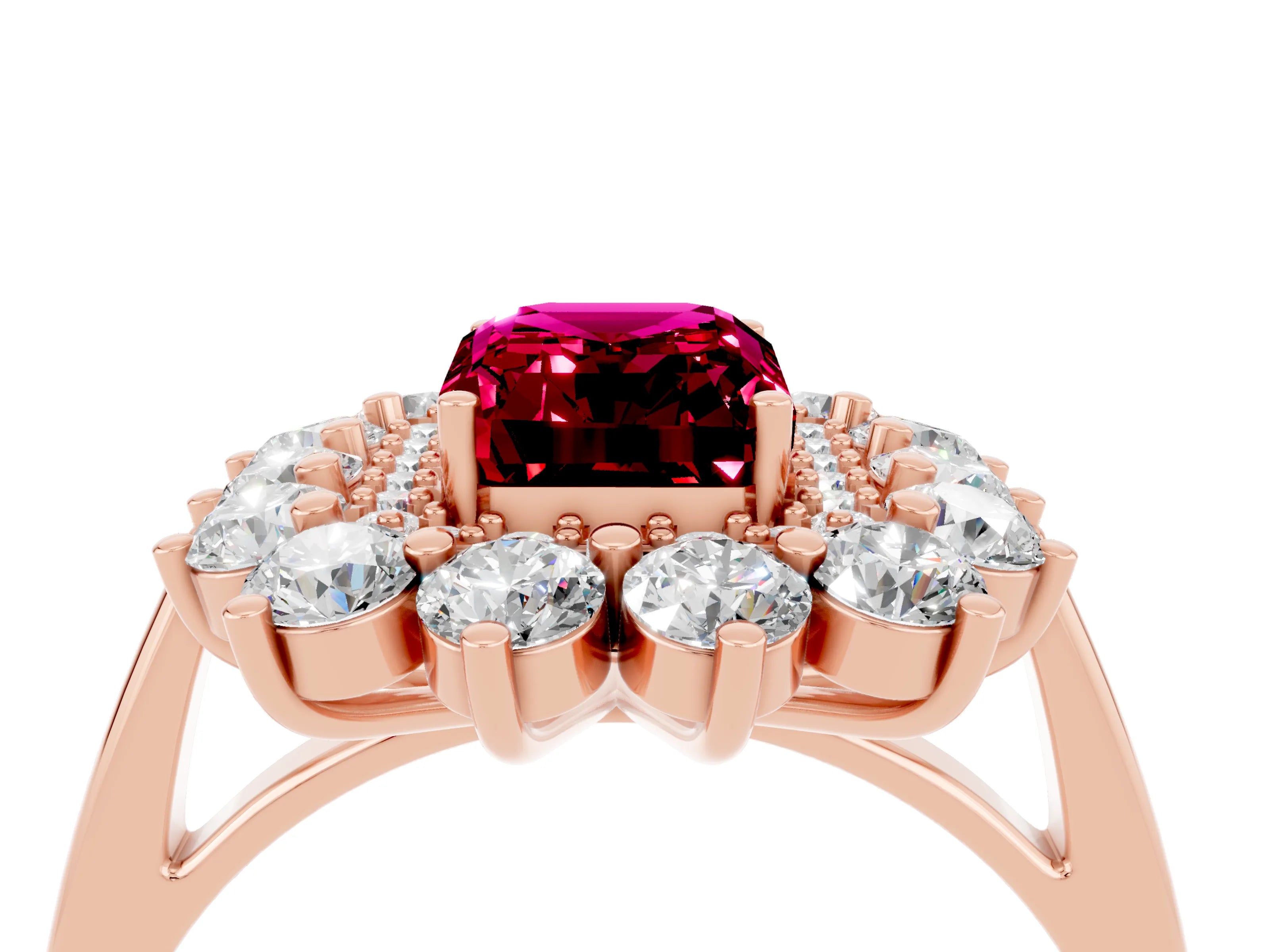 Rose gold Emerald Cut Halo Cluster Diamond Ring with Pave Band and Four-Prong Setting_4