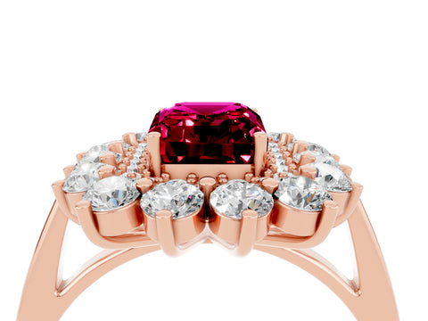Rose gold Emerald Cut Halo Cluster Diamond Ring with Pave Band and Four-Prong Setting_4