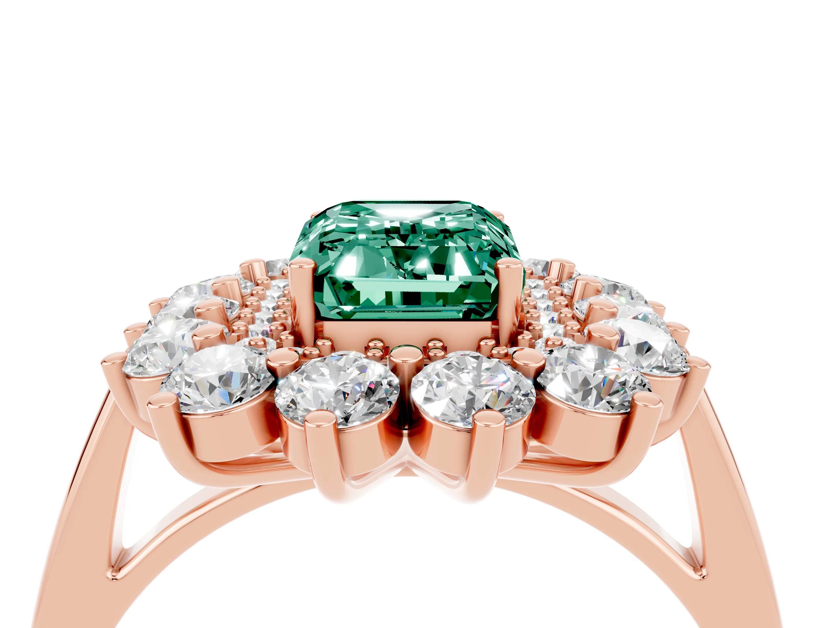 Rose gold Emerald Cut Halo Cluster Diamond Ring with Pave Band and Four-Prong Setting_4