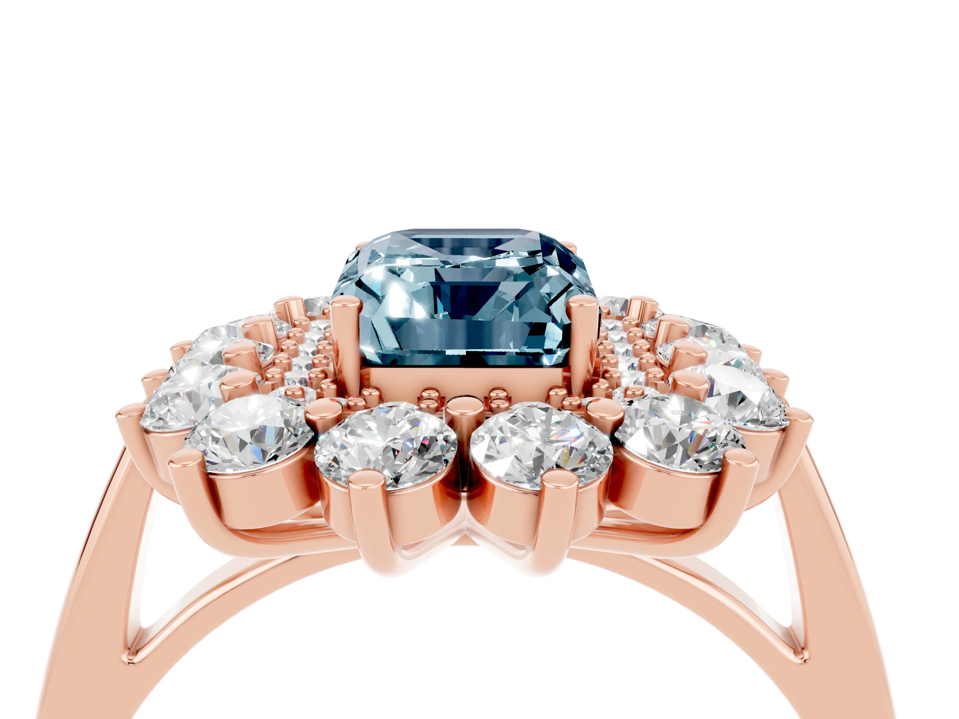 Rose gold Emerald Cut Halo Cluster Diamond Ring with Pave Band and Four-Prong Setting_4