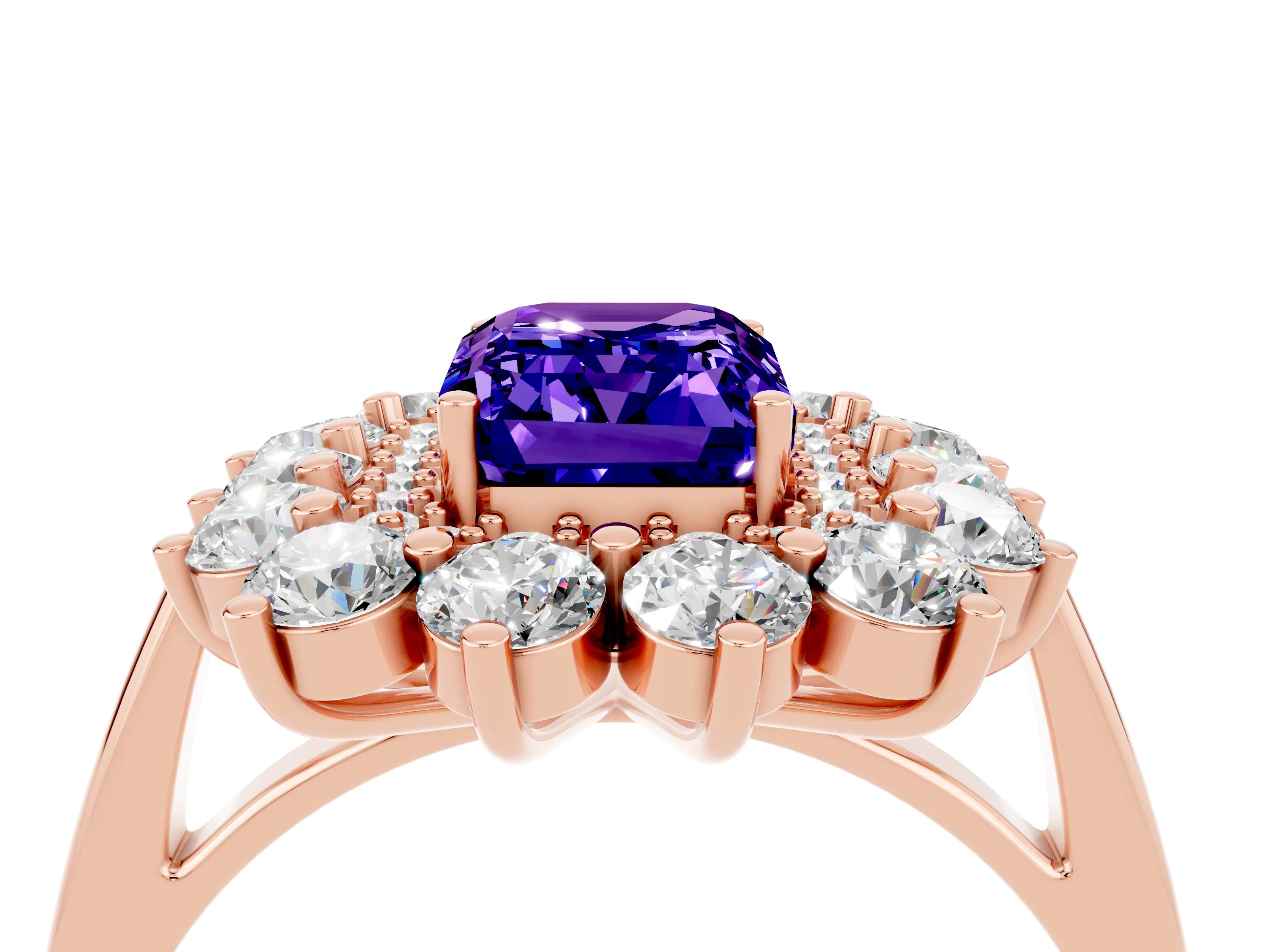 Rose gold Emerald Cut Halo Cluster Diamond Ring with Pave Band and Four-Prong Setting_4