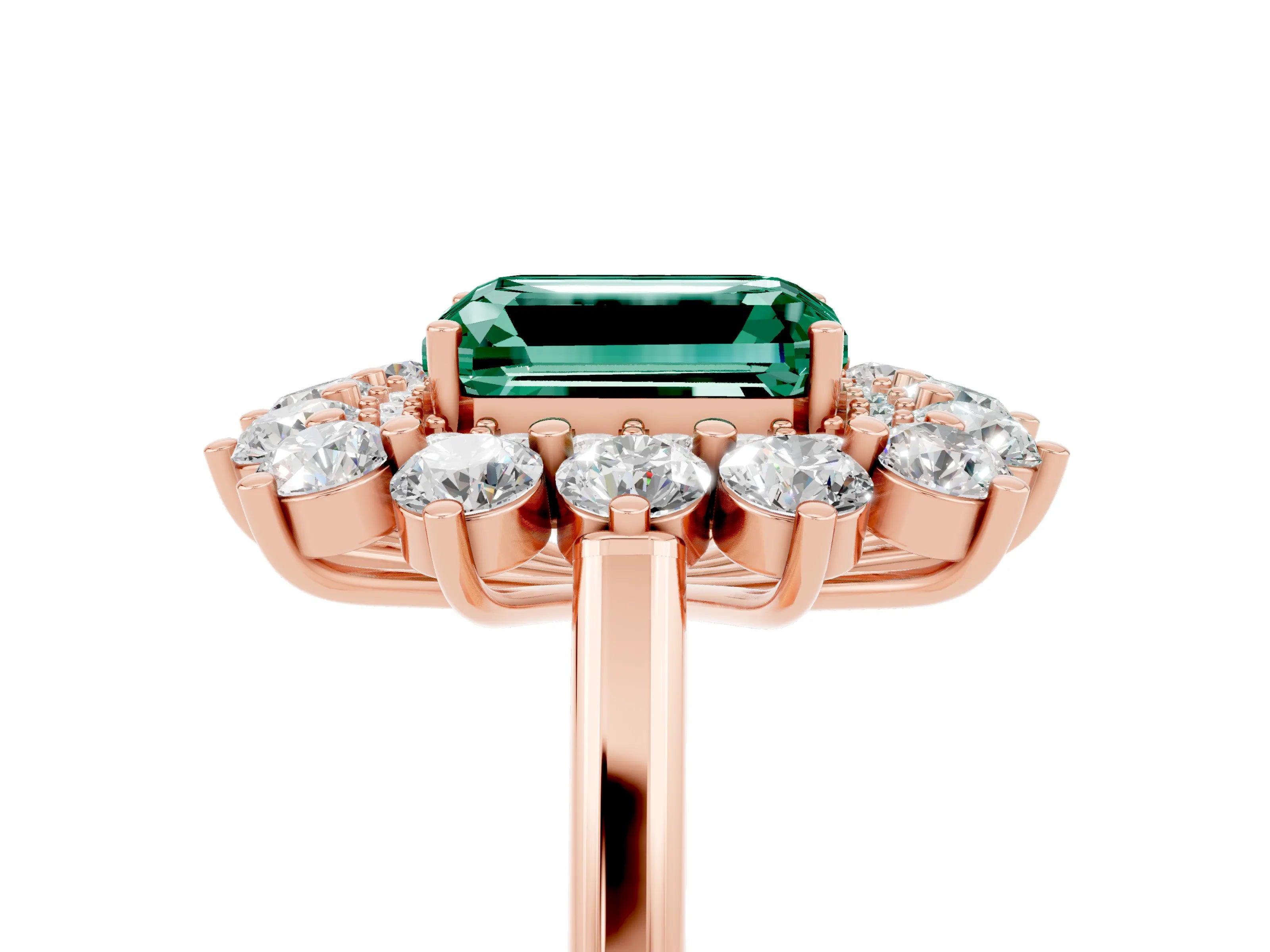 Rose gold Emerald Cut Halo Cluster Diamond Ring with Pave Band and Four-Prong Setting_5