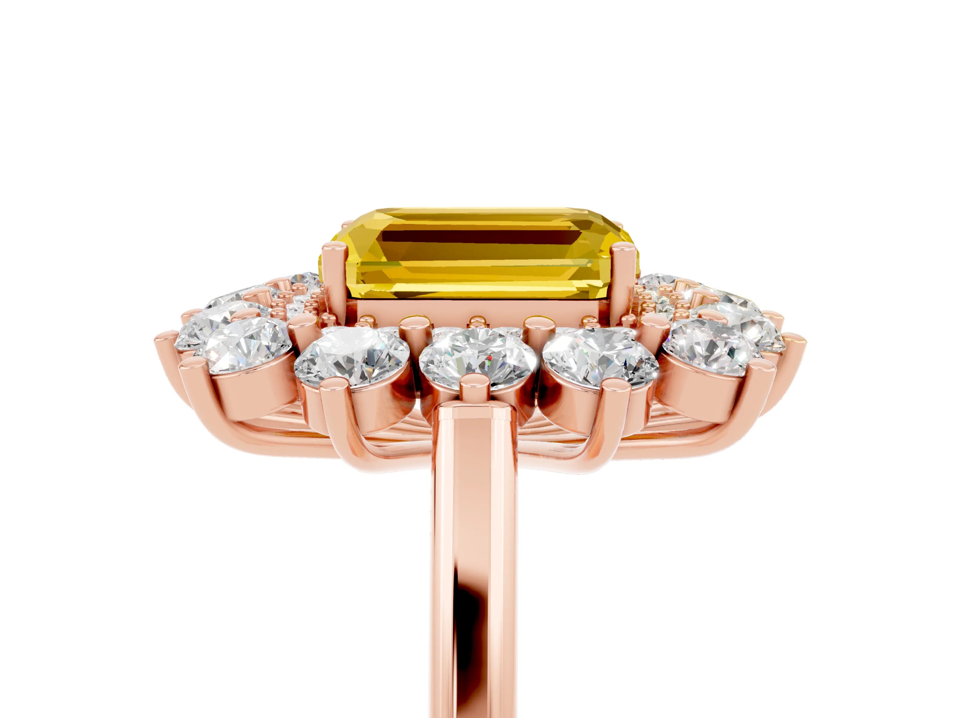 Rose gold Emerald Cut Halo Cluster Diamond Ring with Pave Band and Four-Prong Setting_5