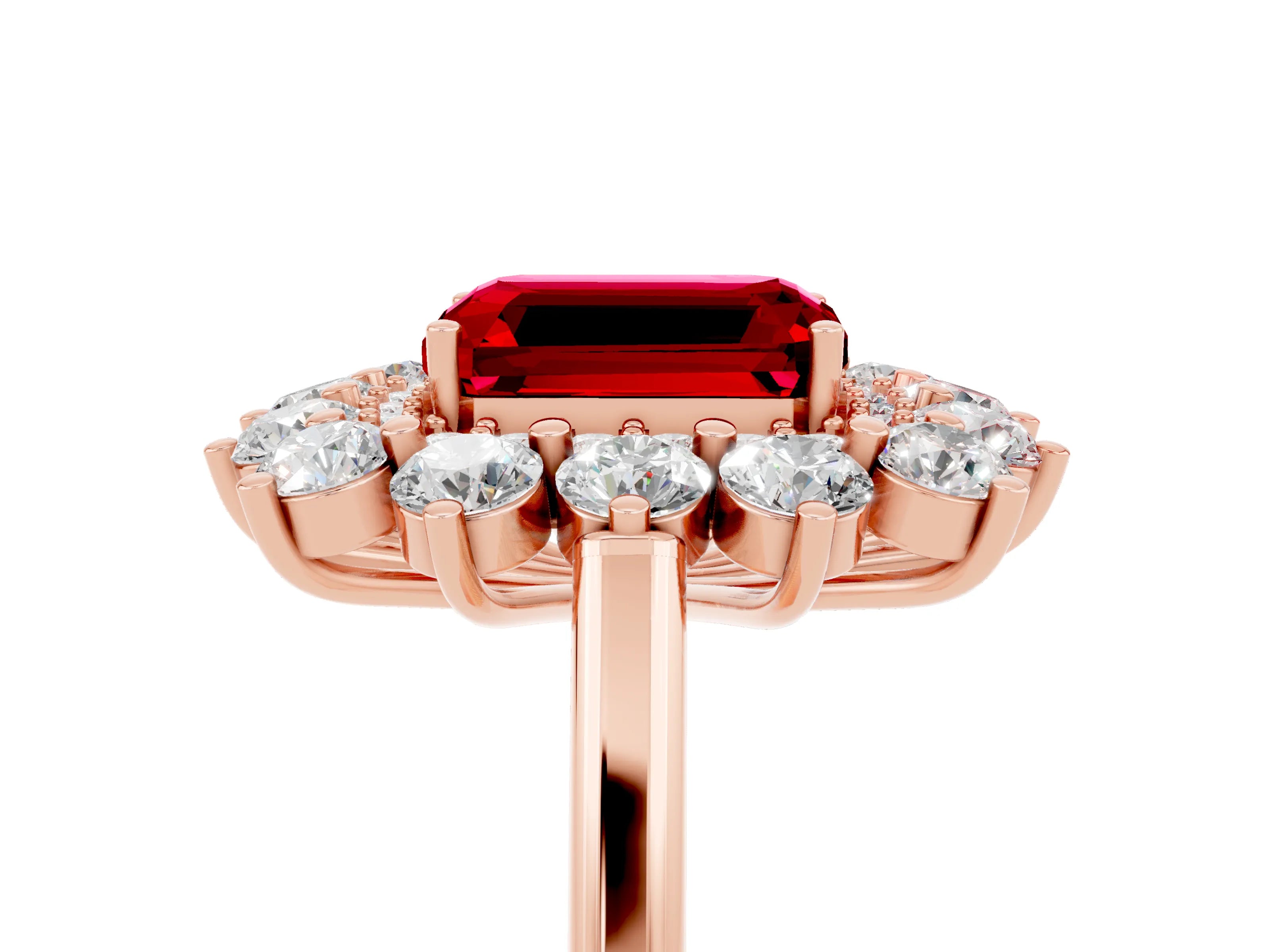Rose gold Emerald Cut Halo Cluster Diamond Ring with Pave Band and Four-Prong Setting_5