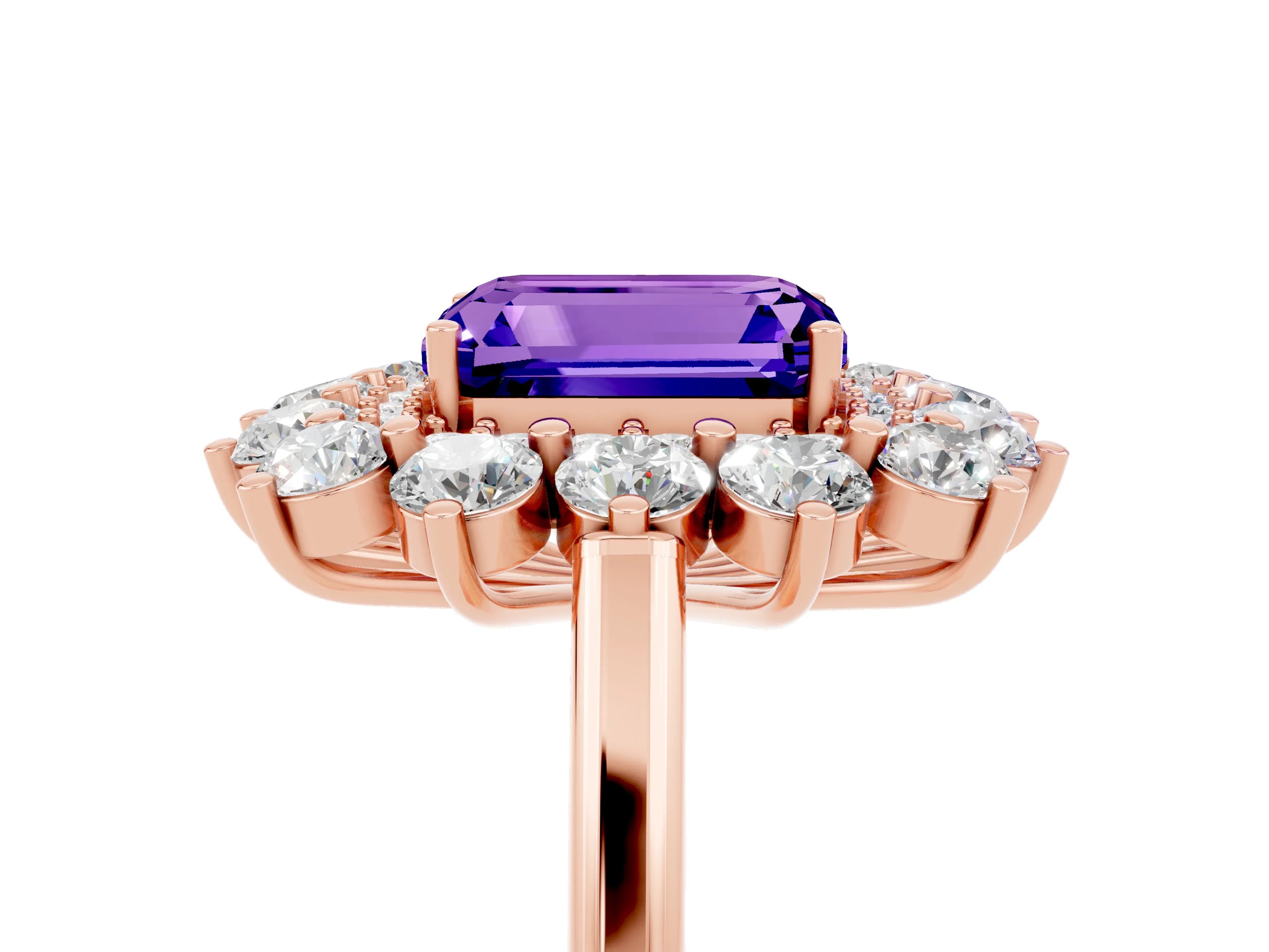 Rose gold Emerald Cut Halo Cluster Diamond Ring with Pave Band and Four-Prong Setting_5