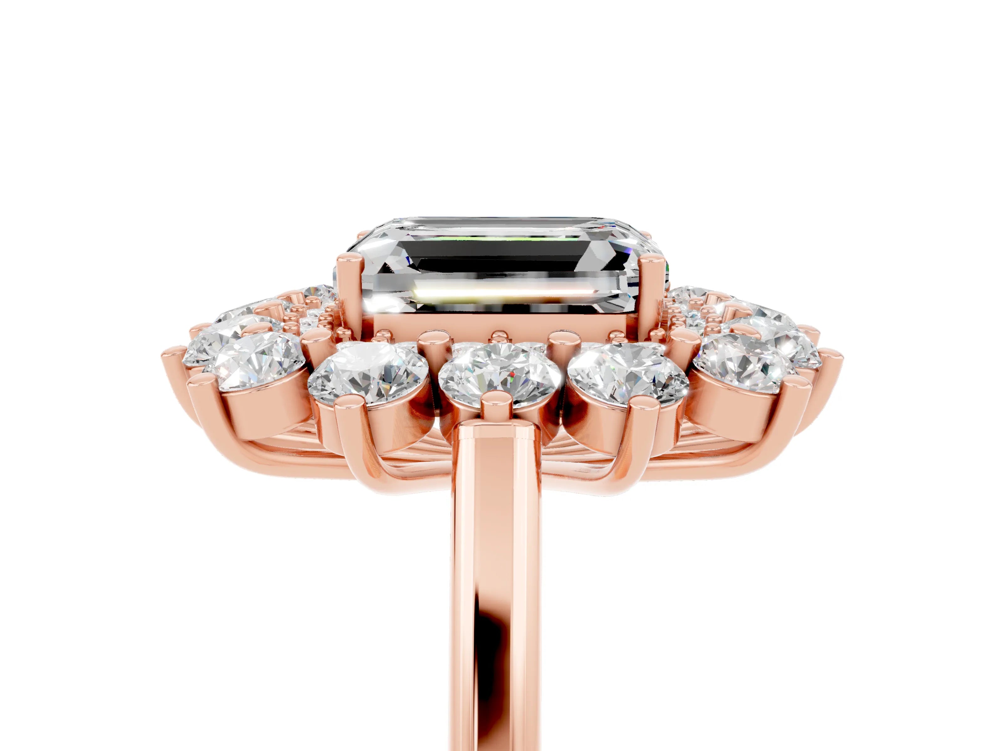 Rose gold Emerald Cut Halo Cluster Diamond Ring with Pave Band and Four-Prong Setting_5