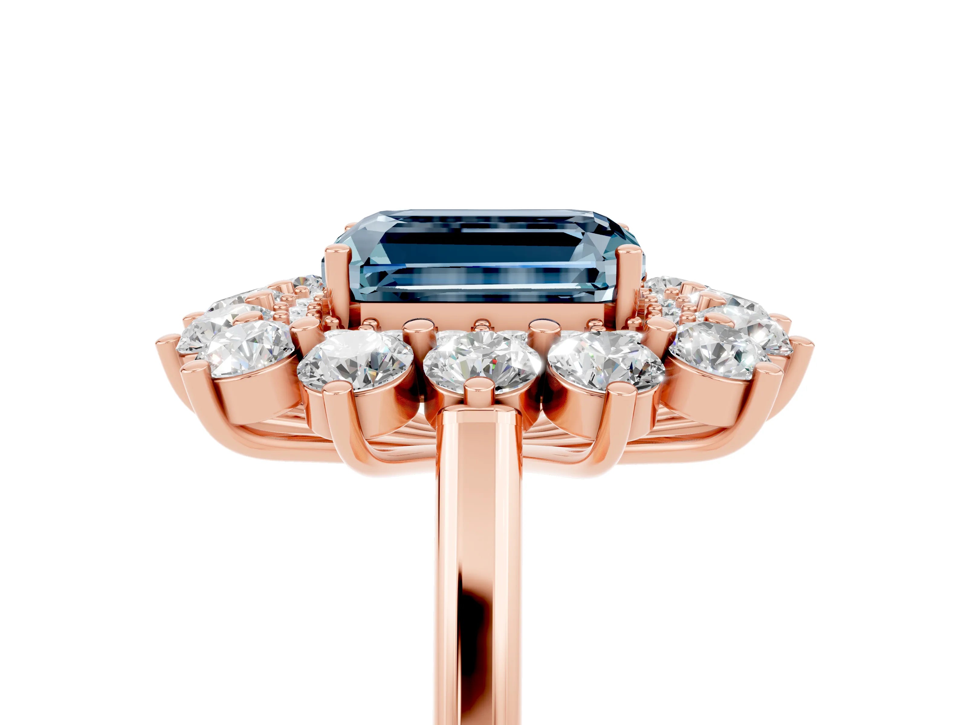 Rose gold Emerald Cut Halo Cluster Diamond Ring with Pave Band and Four-Prong Setting_5