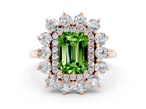 Rose gold Emerald Cut Halo Cluster Diamond Ring with Pave Band and Four-Prong Setting