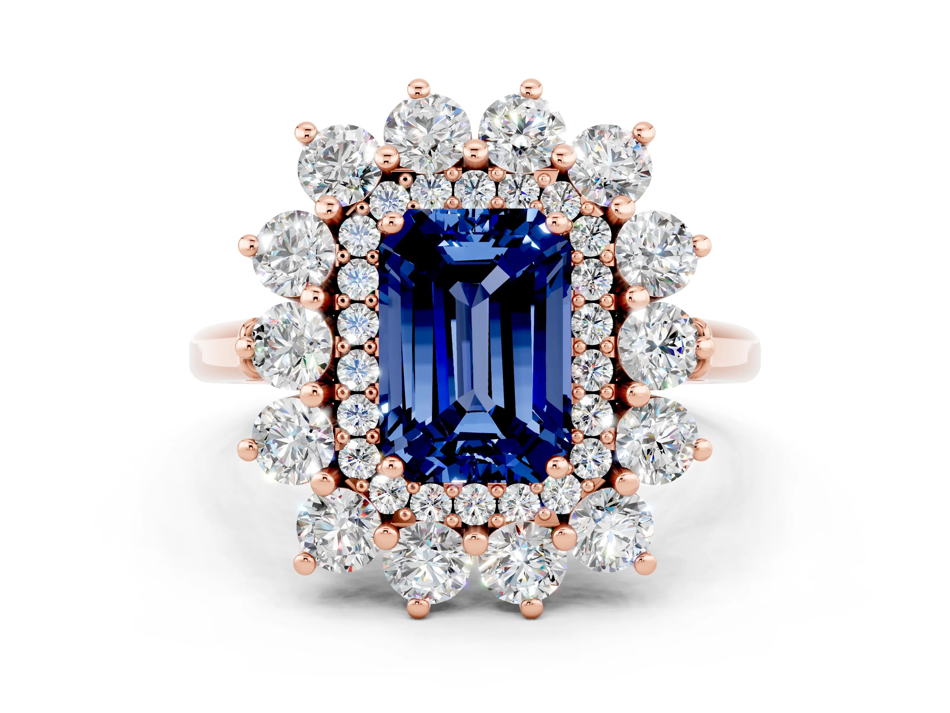Rose gold Emerald Cut Halo Cluster Diamond Ring with Pave Band and Four-Prong Setting_6