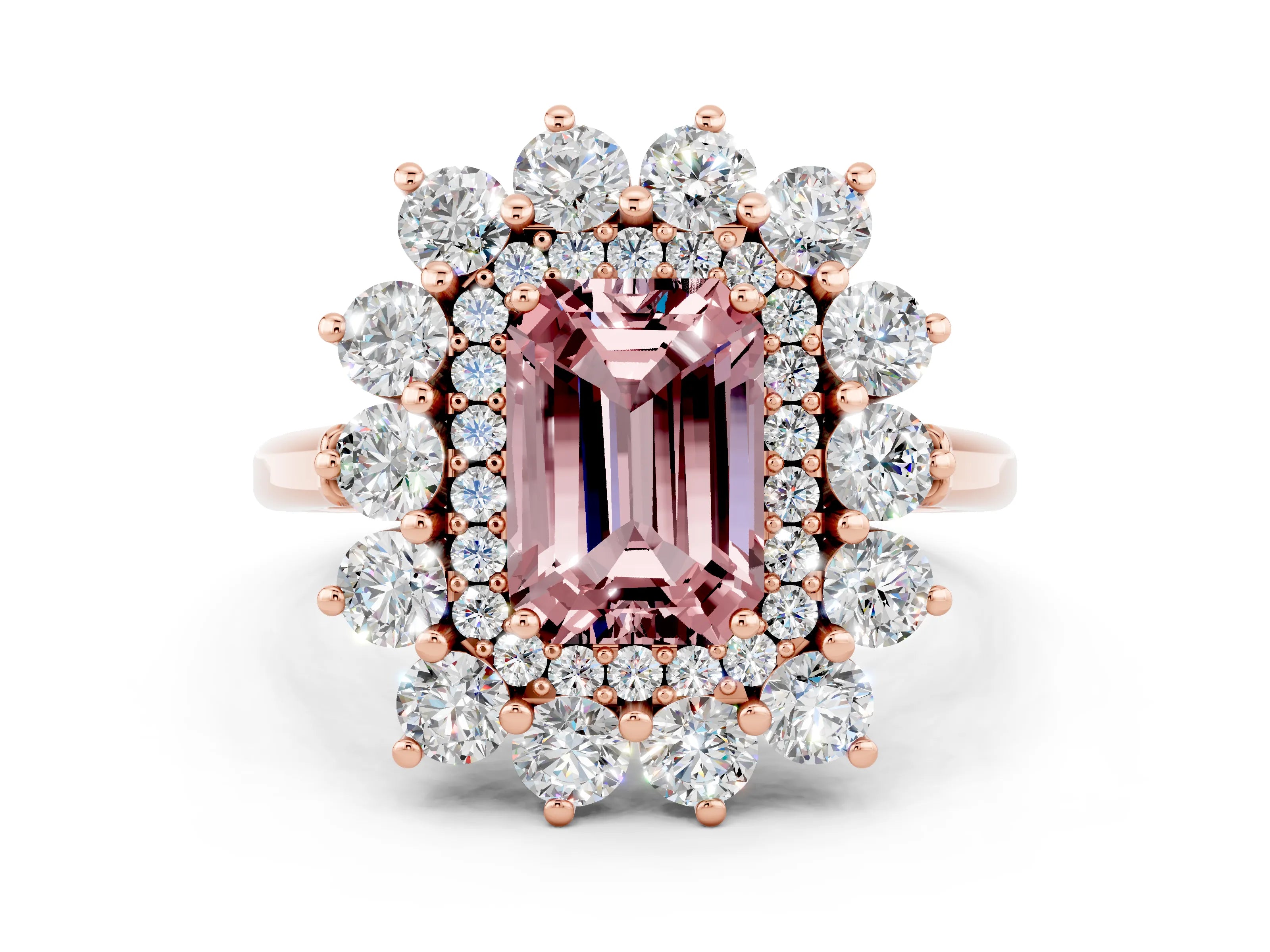 Rose gold Emerald Cut Halo Cluster Diamond Ring with Pave Band and Four-Prong Setting_6