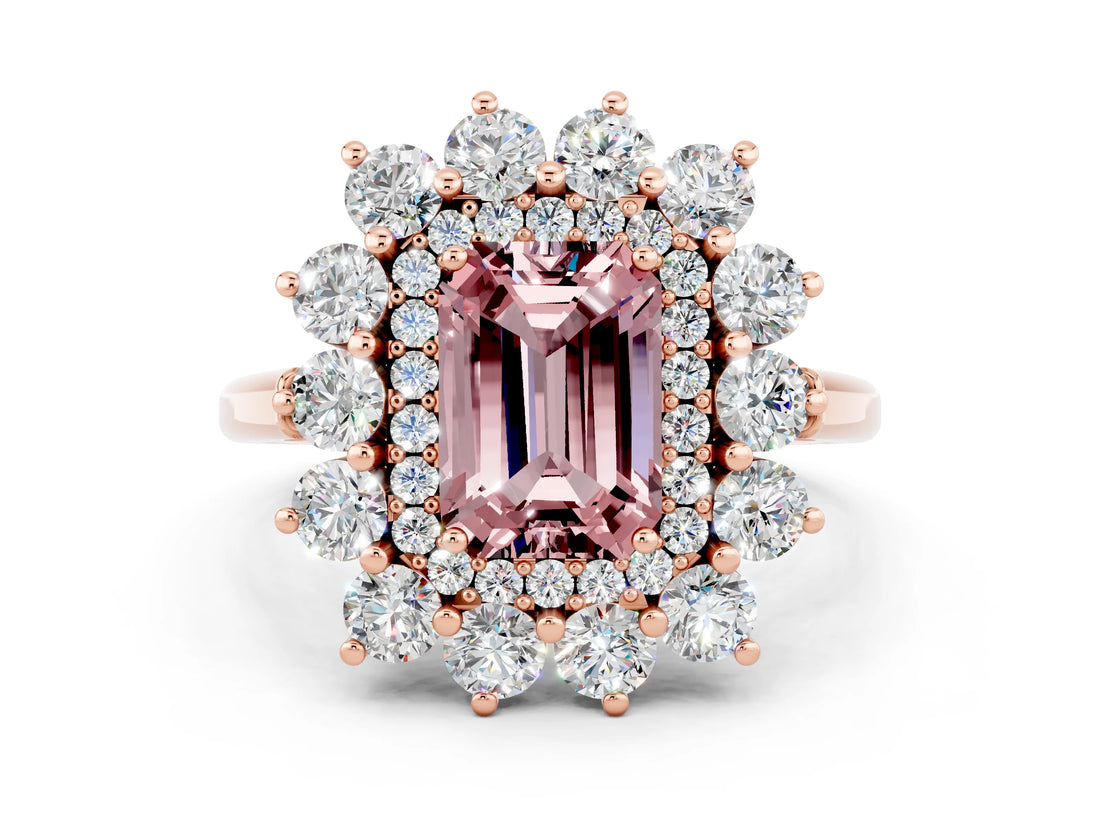 Rose gold Emerald Cut Halo Cluster Diamond Ring with Pave Band and Four-Prong Setting_6