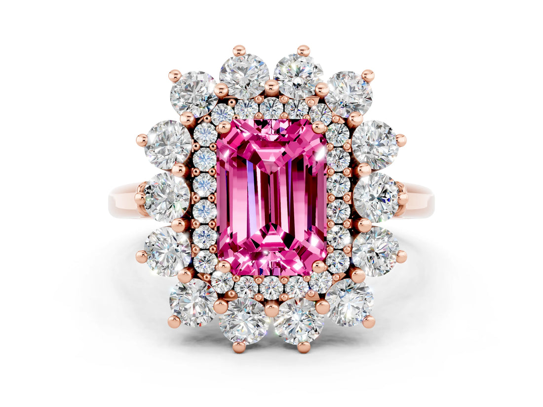 Rose gold Emerald Cut Halo Cluster Diamond Ring with Pave Band and Four-Prong Setting_6