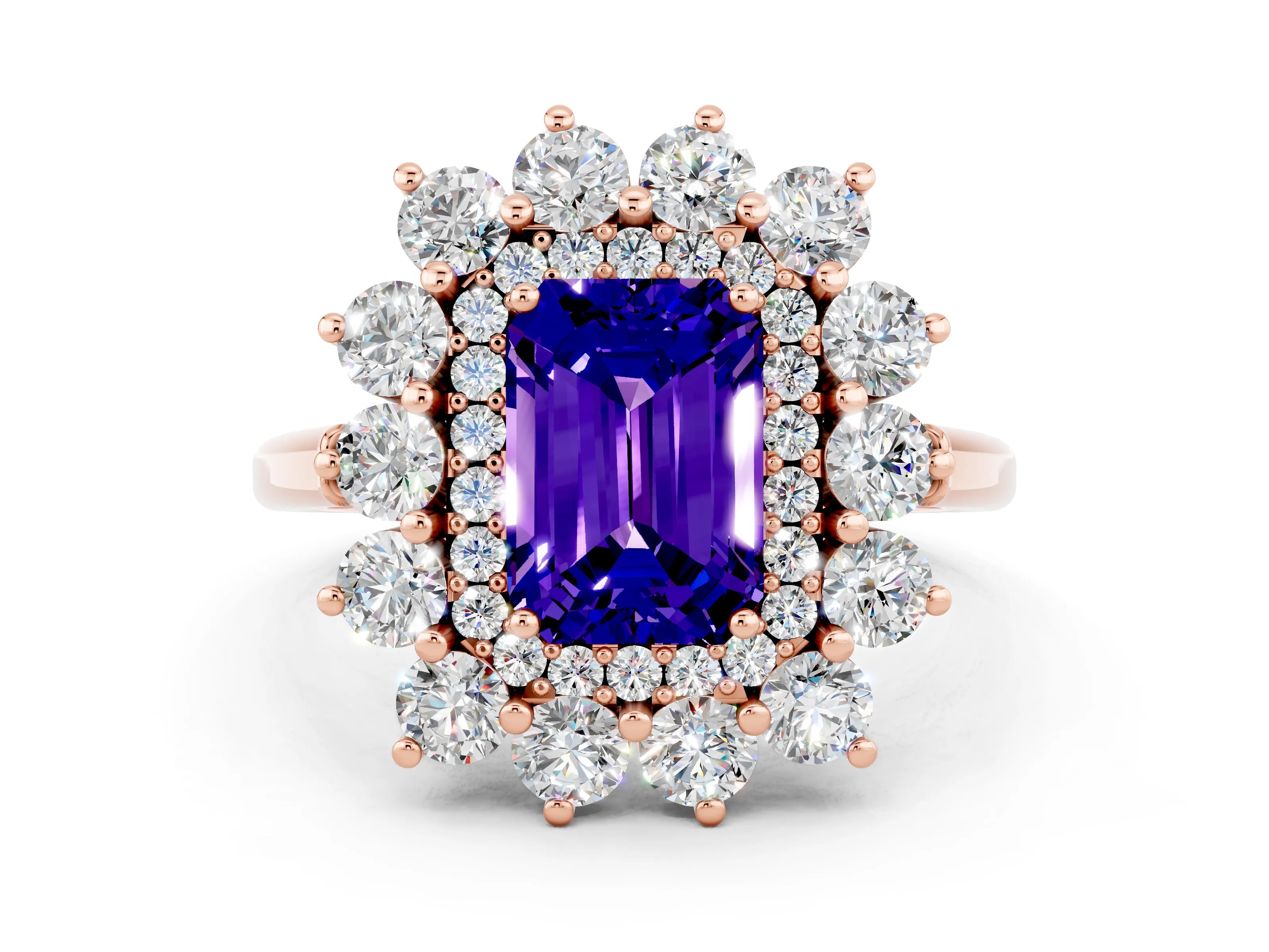 Rose gold Emerald Cut Halo Cluster Diamond Ring with Pave Band and Four-Prong Setting