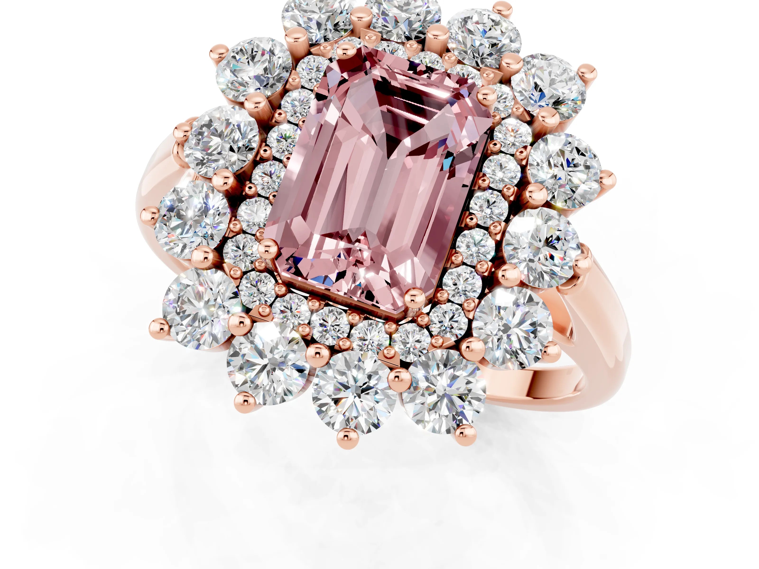 Rose gold Emerald Cut Halo Cluster Diamond Ring with Pave Band and Four-Prong Setting_7