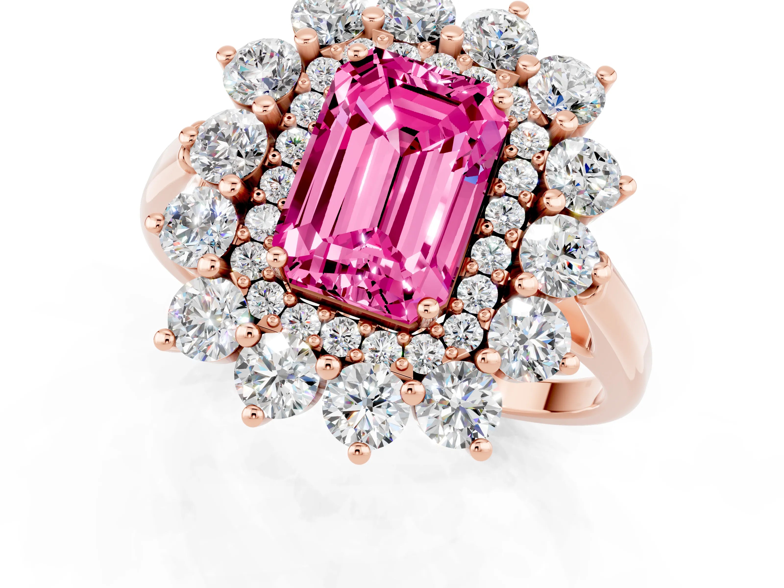 Rose gold Emerald Cut Halo Cluster Diamond Ring with Pave Band and Four-Prong Setting_7