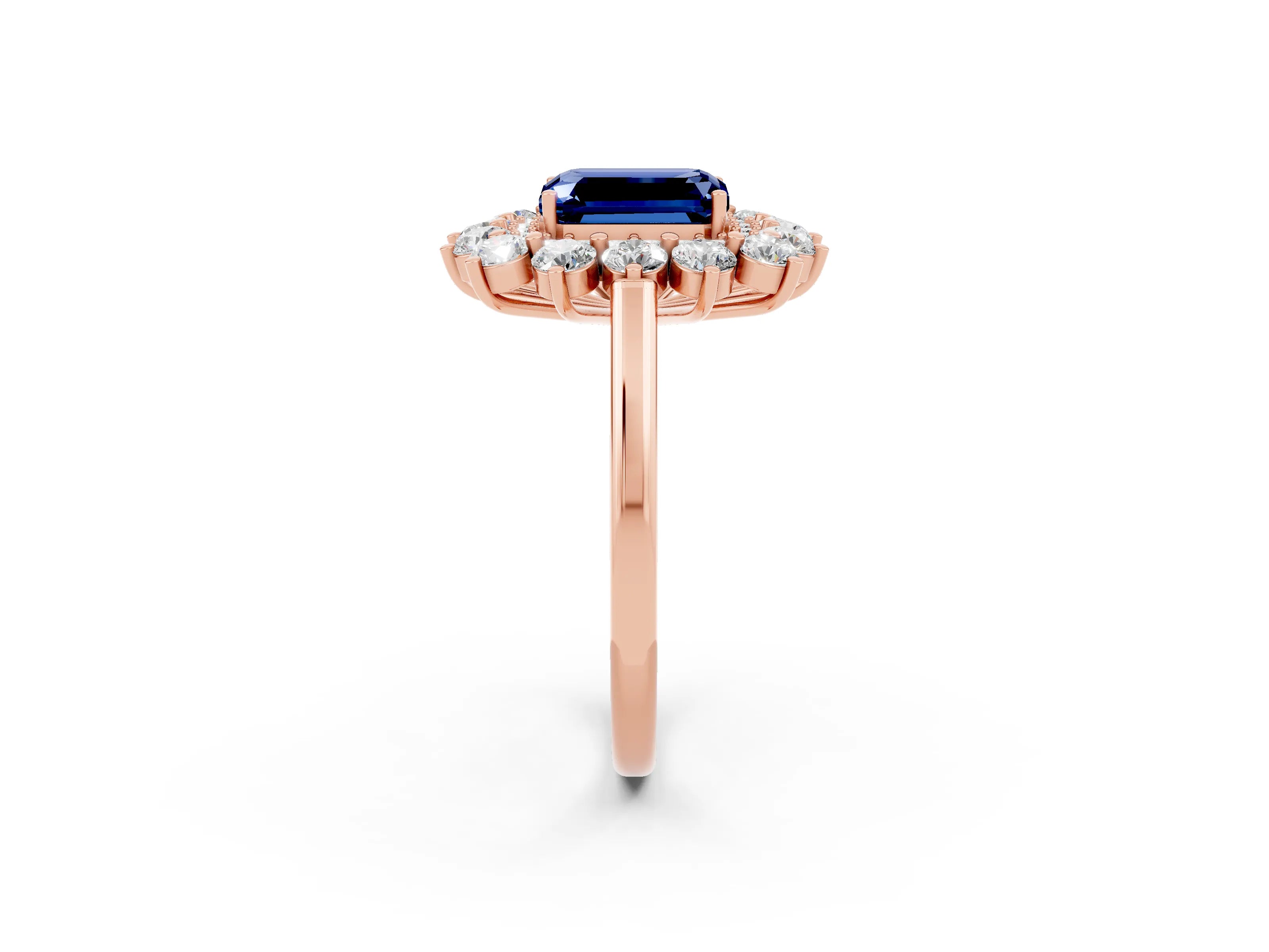Rose gold Emerald Cut Halo Cluster Diamond Ring with Pave Band and Four-Prong Setting_8