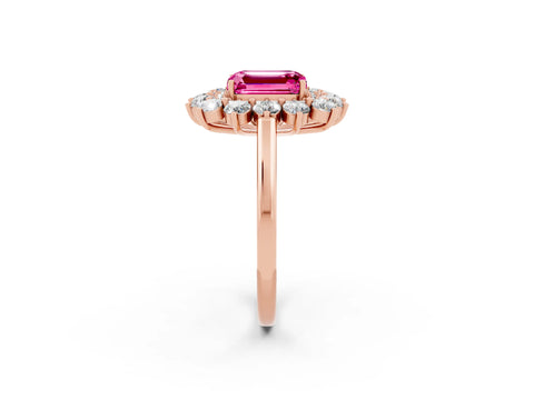 Rose gold Emerald Cut Halo Cluster Diamond Ring with Pave Band and Four-Prong Setting_8