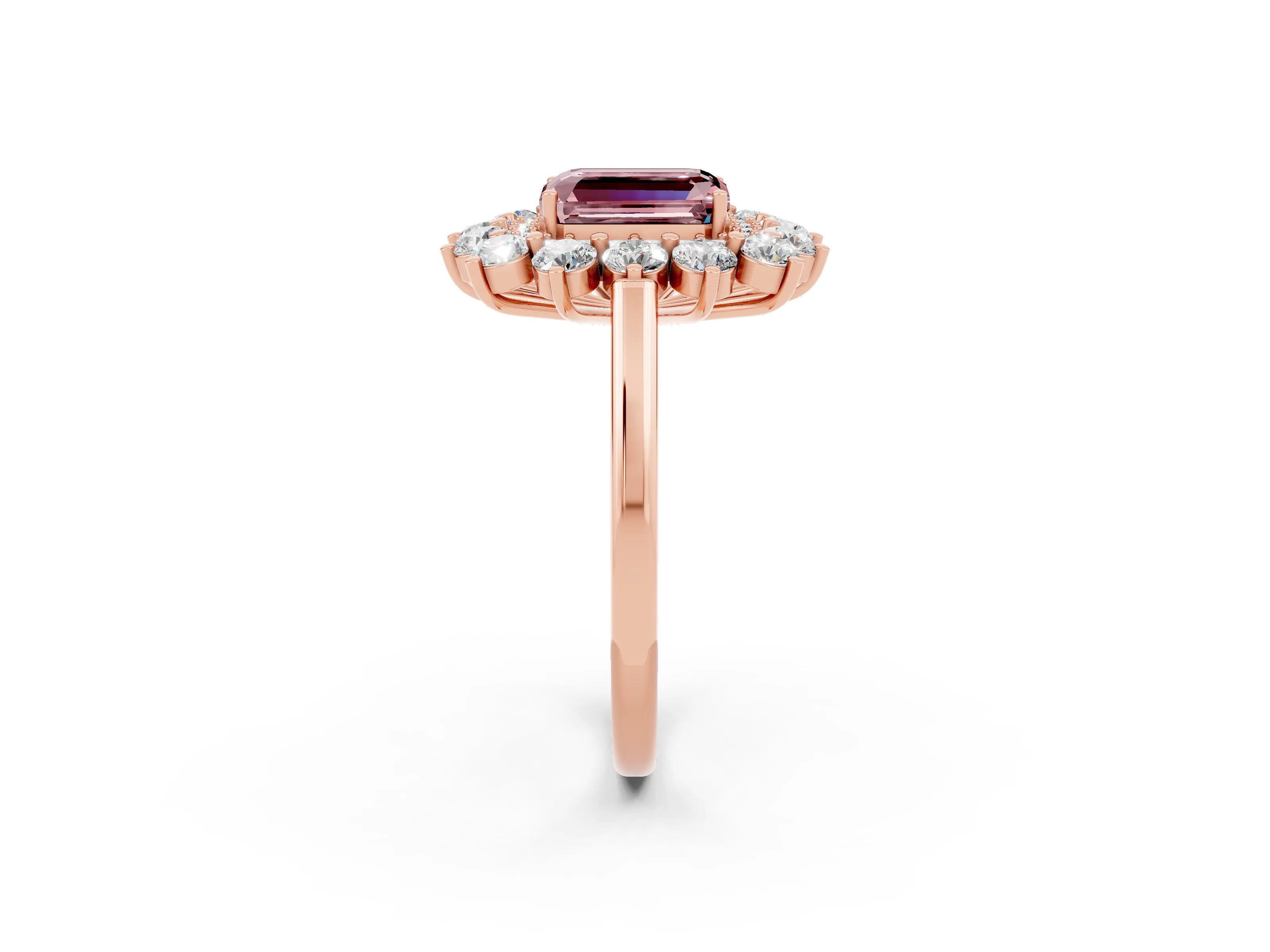 Rose gold Emerald Cut Halo Cluster Diamond Ring with Pave Band and Four-Prong Setting_8