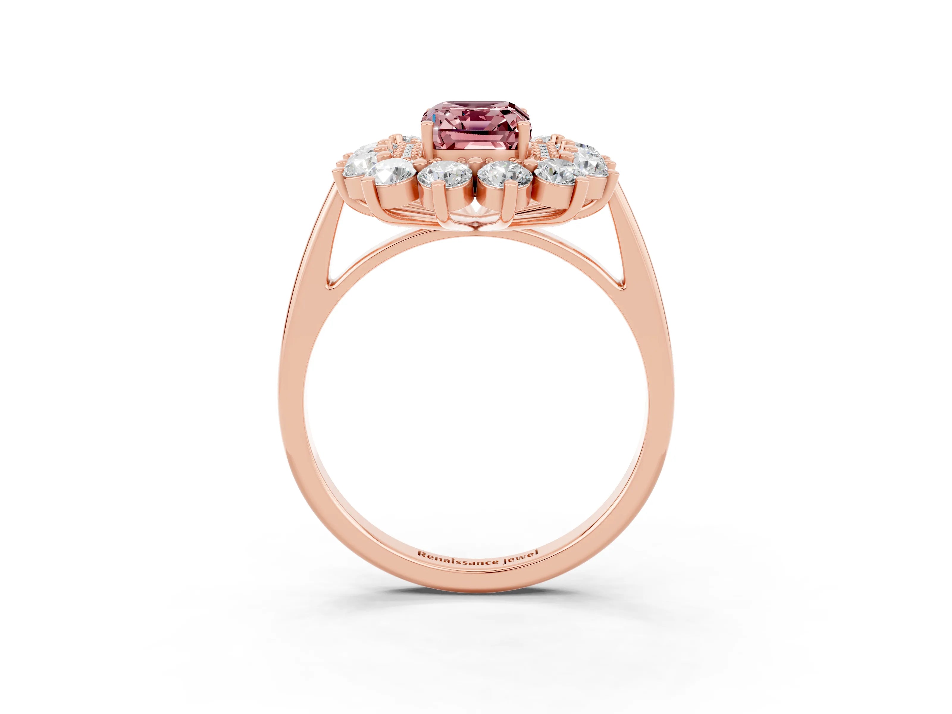 Rose gold Emerald Cut Halo Cluster Diamond Ring with Pave Band and Four-Prong Setting_9