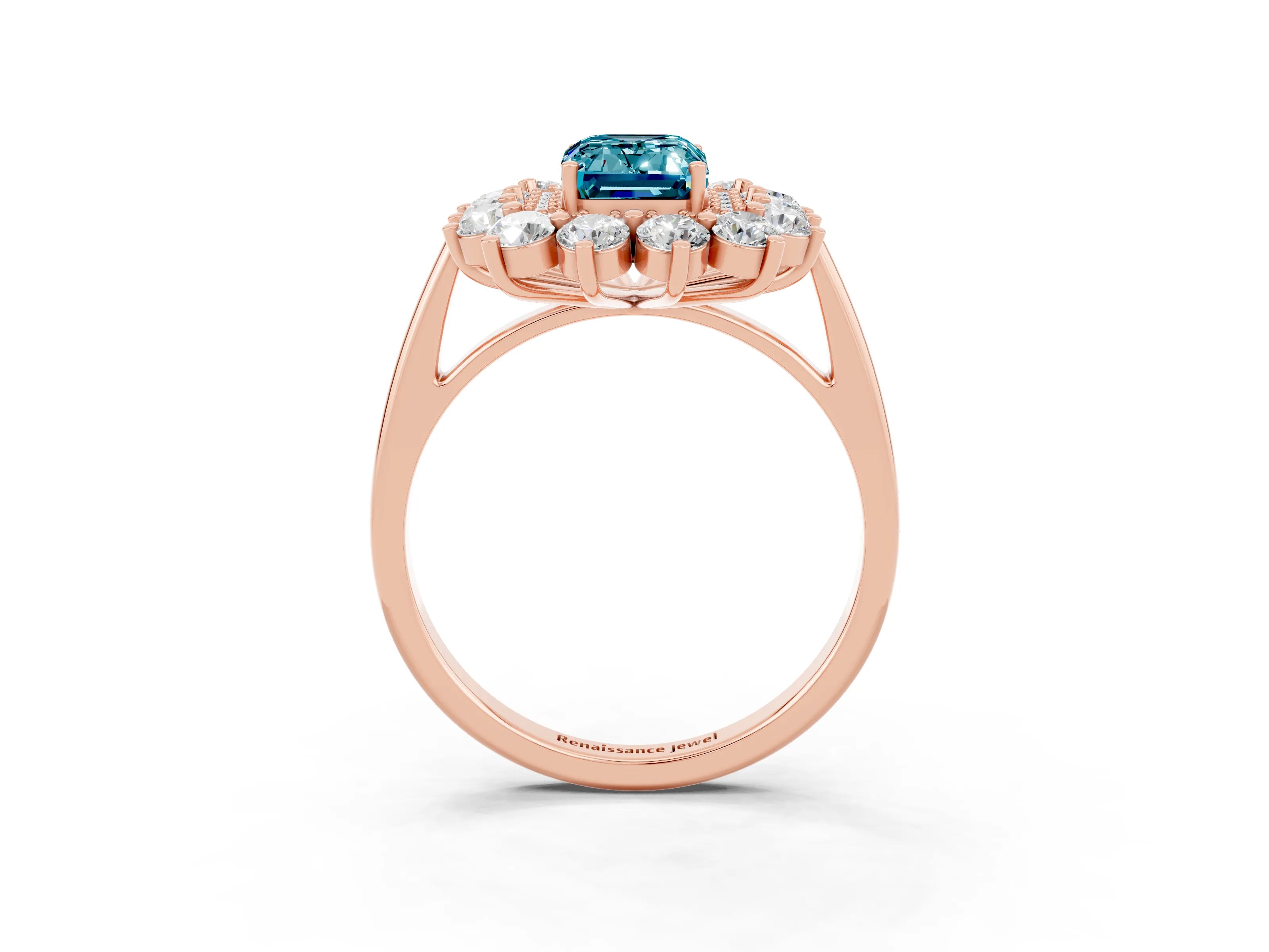 Rose gold Emerald Cut Halo Cluster Diamond Ring with Pave Band and Four-Prong Setting_9