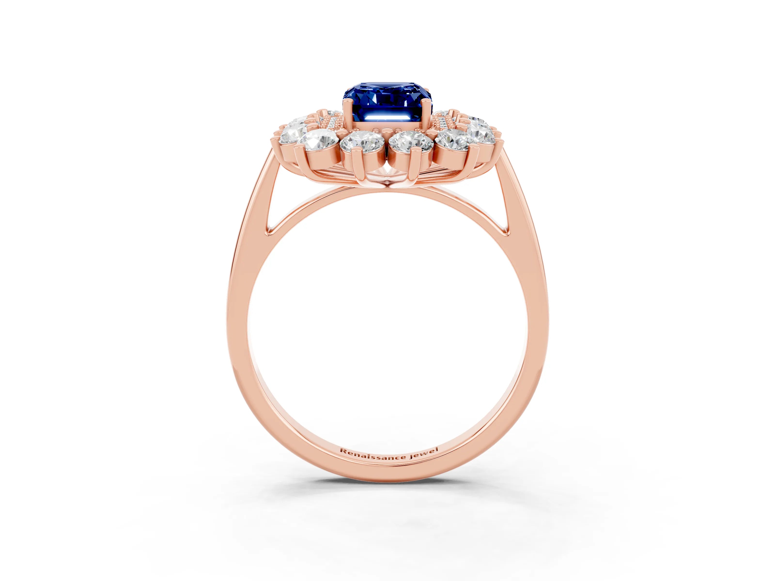 Rose gold Emerald Cut Halo Cluster Diamond Ring with Pave Band and Four-Prong Setting_9