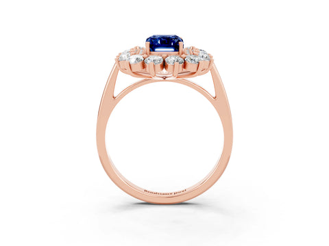 Rose gold Emerald Cut Halo Cluster Diamond Ring with Pave Band and Four-Prong Setting_9