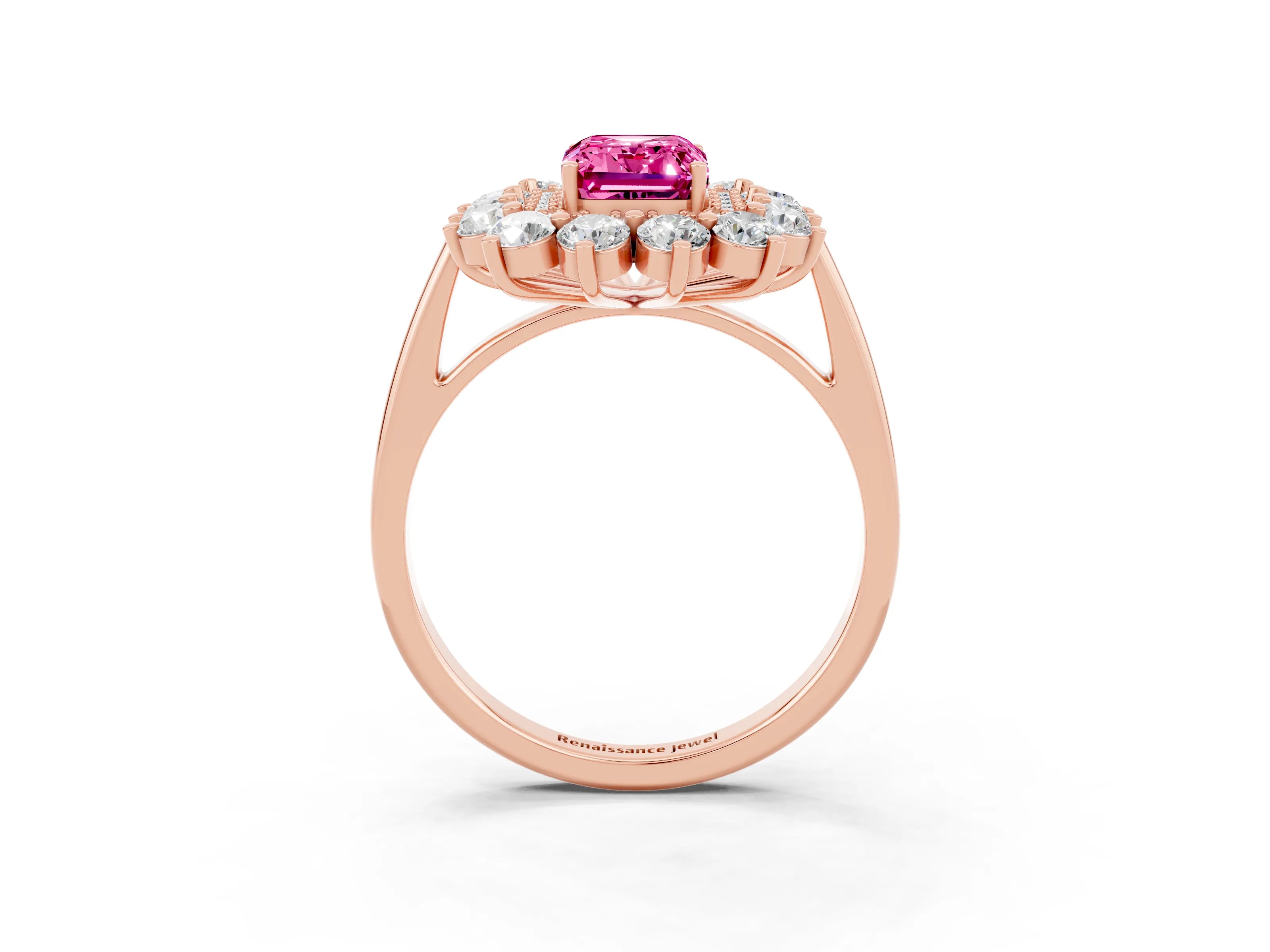 Rose gold Emerald Cut Halo Cluster Diamond Ring with Pave Band and Four-Prong Setting_9
