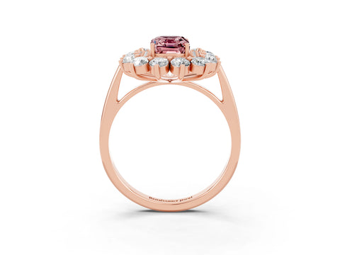 Rose gold Emerald Cut Halo Cluster Diamond Ring with Pave Band and Four-Prong Setting_9