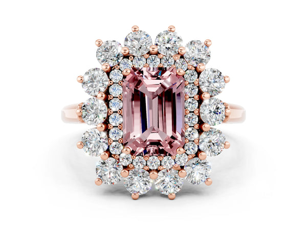 Rose gold Emerald Cut Halo Cluster Diamond Ring with Pave Band and Four-Prong Setting