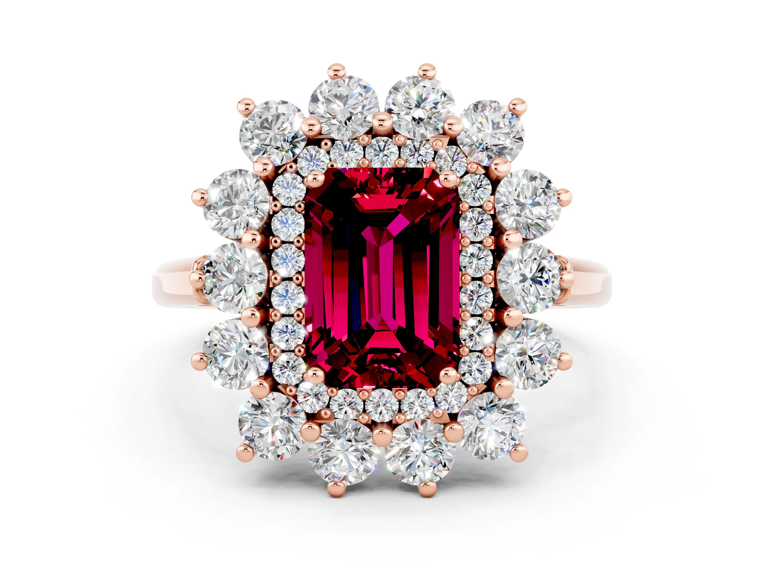 Rose gold Emerald Cut Halo Cluster Diamond Ring with Pave Band and Four-Prong Setting