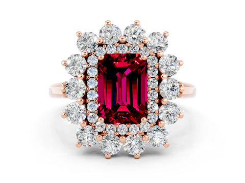 Rose gold Emerald Cut Halo Cluster Diamond Ring with Pave Band and Four-Prong Setting