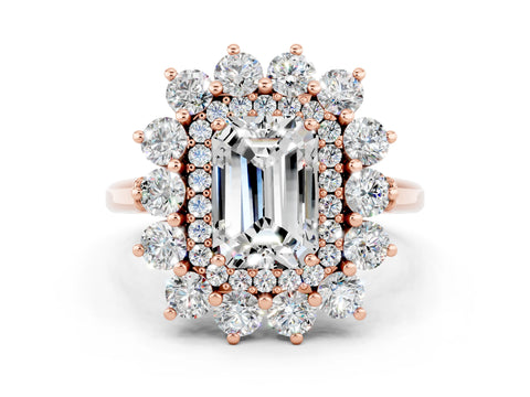 Rose gold Emerald Cut Halo Cluster Diamond Ring with Pave Band and Four-Prong Setting