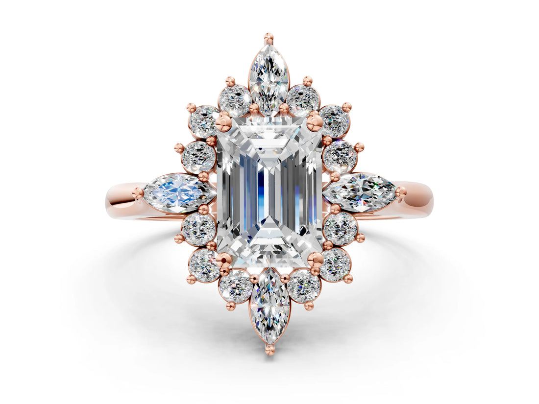 Rose gold Emerald Cut Halo Diamond Cluster Ring with Marquise and Round Stones on a White Gold Band with Prong Setting_15