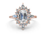 Rose gold Emerald Cut Halo Diamond Cluster Ring with Marquise and Round Stones on a White Gold Band with Prong Setting_15