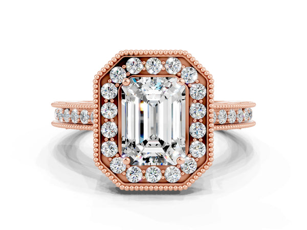 Rose gold Emerald Cut Halo Diamond Engagement Ring with Milgrain Pave Band and Four-Prong Setting