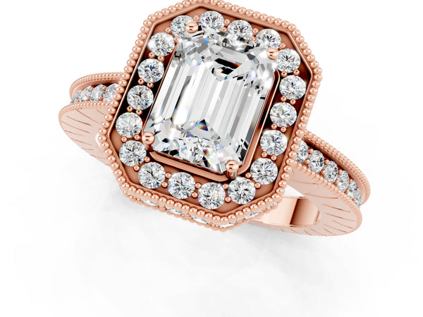 Rose gold Emerald Cut Halo Diamond Engagement Ring with Milgrain Pave Band and Four-Prong Setting