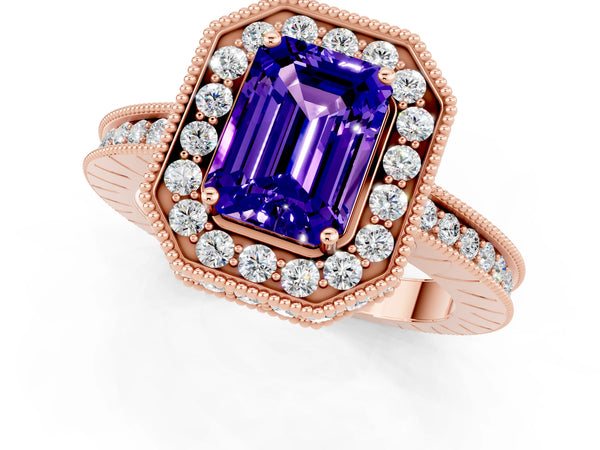 Rose gold Emerald Cut Halo Diamond Engagement Ring with Milgrain Pave Band and Four-Prong Setting