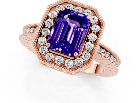 Rose gold Emerald Cut Halo Diamond Engagement Ring with Milgrain Pave Band and Four-Prong Setting_1